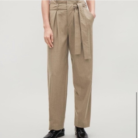 COS Lightweight Wool Blend Belted Tan/Brown Pleated balloon Trouser Pants,Size 6 - Picture 4 of 14